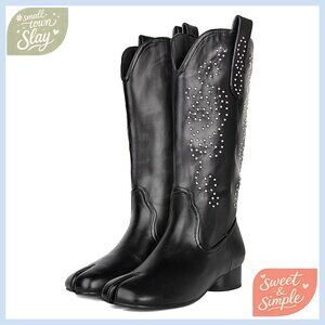 Mid Calf Tabi Boots Split Toe Slouchy Western Cowboy Boots Low Heel Pull On